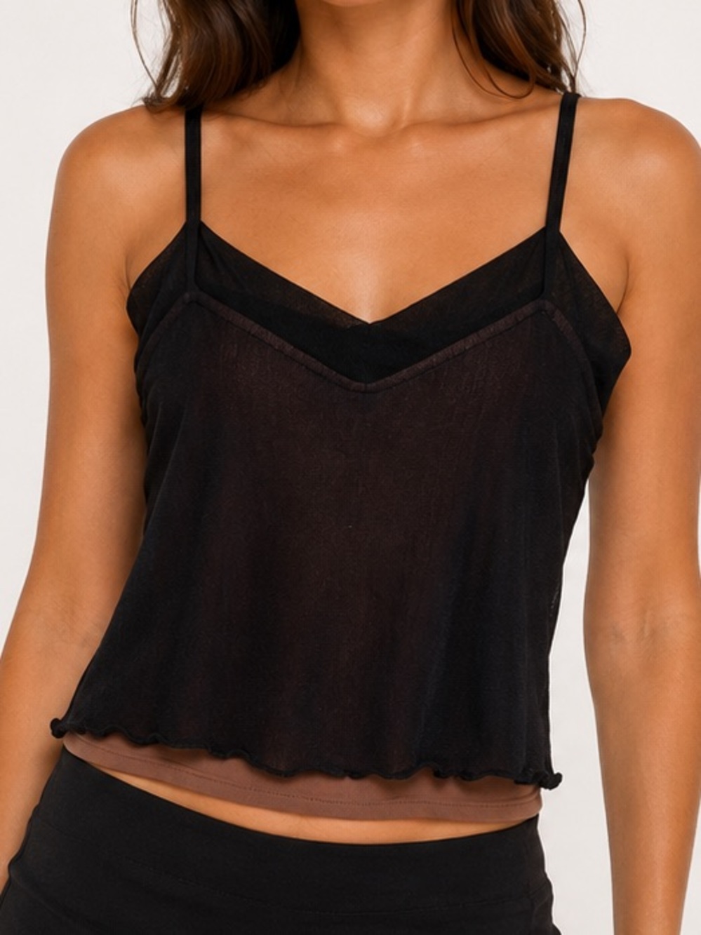 Vintage 20’s Double Layer Black Brown Stretch Camisole with Lettuce Hem
